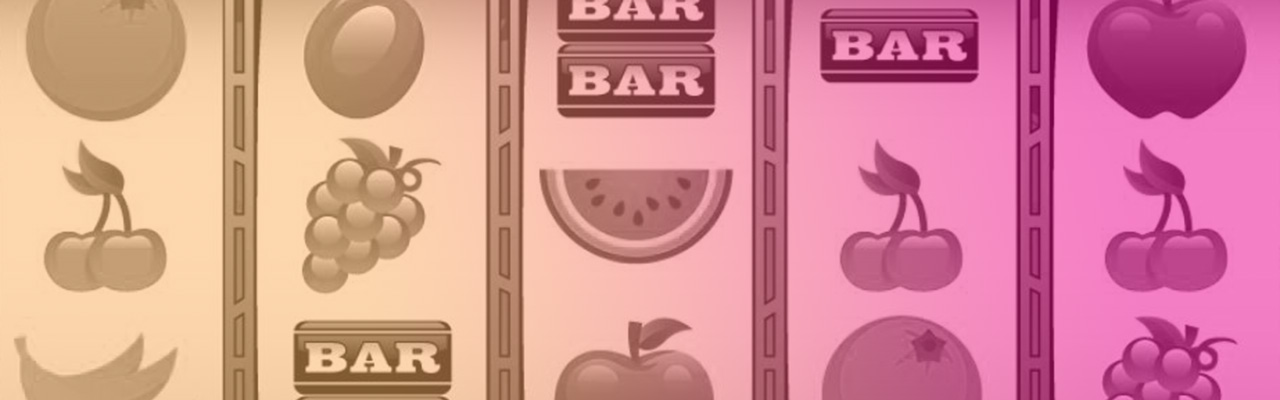 Fem slotshjul med symboler som olika frukter och BAR-symboler